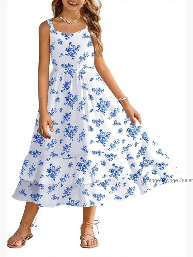 Girls Sleeveless Sundress With Pockets Casual Summer Dress 5-14